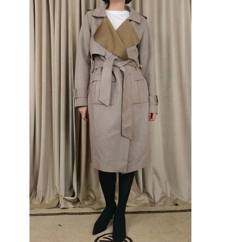 Vintage Beige Tan Two-Tone Faux Suede Belted Trench Coat